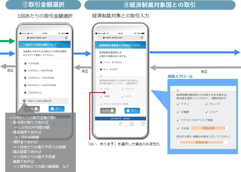 ⑦取引金額選択 ⑧経済制裁対象国との取引