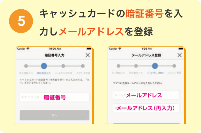 キャッシュカードの暗証番号を入力しメールアドレスを登録