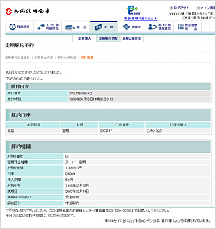 定期解約予約完了画面