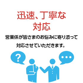 迅速、丁寧な対応 営業担当者が皆さまのお悩みに寄り添って対応させていただきます。