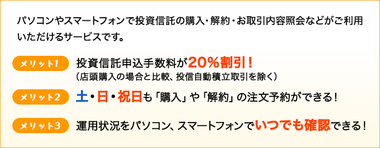 パソコンやスマートフォンで投資信託の購入・解約・お取引内容照会などがご利用いただけるサービスです。メリット1 投資信託申込手数料が20%割引、メリット2 土日祝日も購入や解約の注文予約ができる、メリット3 運用状況をパソコン、スマートフォンでいつでも確認できる