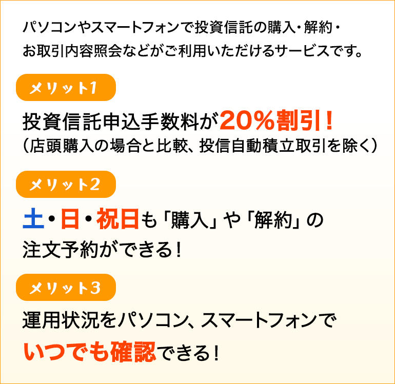 パソコンやスマートフォンで投資信託の購入・解約・お取引内容照会などがご利用いただけるサービスです。メリット1 投資信託申込手数料が20%割引、メリット2 土日祝日も購入や解約の注文予約ができる、メリット3 運用状況をパソコン、スマートフォンでいつでも確認できる