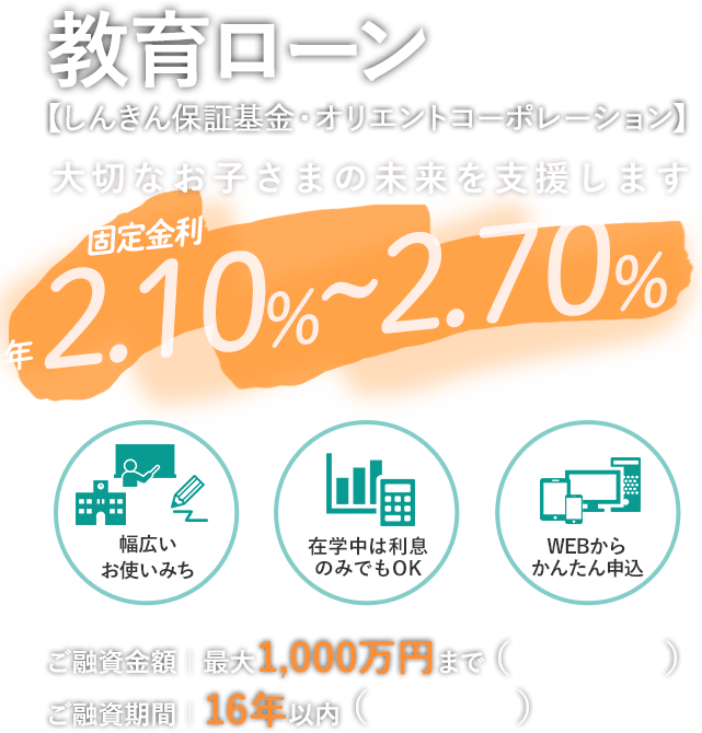 教育ローン 【しんきん保証基金・オリエントコーポレーション】 大切なお子さまの未来を支援します 固定金利1.67%～2.27% 【幅広いお使いみち】【在学中は利息のみでもOK】【WEBからかんたん申込】 ご融資金額最大1,000万円まで ご融資期間16年以内