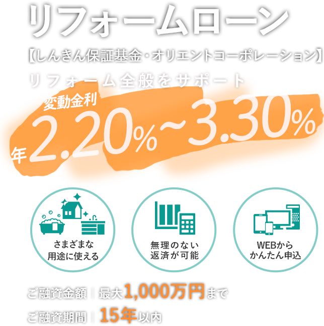 リフォームローン 【しんきん保証基金・オリエントコーポレーション】 リフォーム全般をサポート 変動金利  年1.80%～2.76% 【さまざまな用途に使える】【無理のない返済が可能】【WEBからかんたん申込】 ご融資金額最大1,000万円まで ご融資期間15年以内