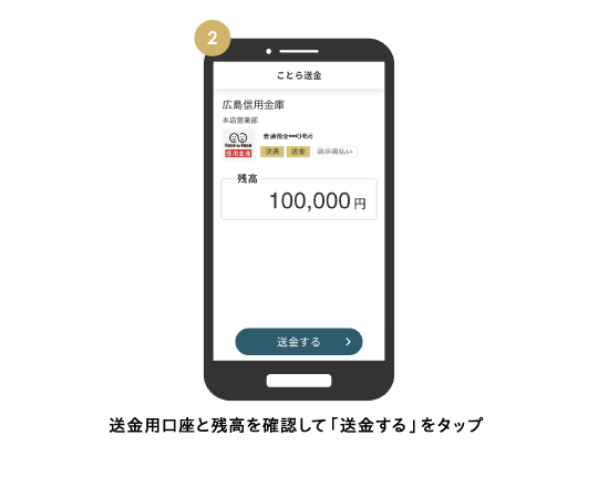 送金用口座と残高を確認して「送金する」をタップ