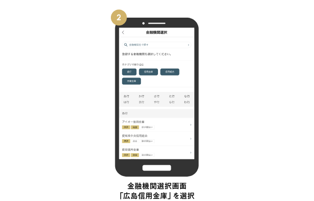 金融機関選択画面　「広島信用金庫」を選択