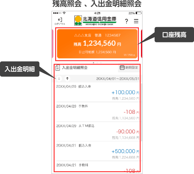 残高照会 、入出金明細照会