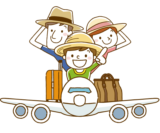 家族が飛行機に乗っているイラスト