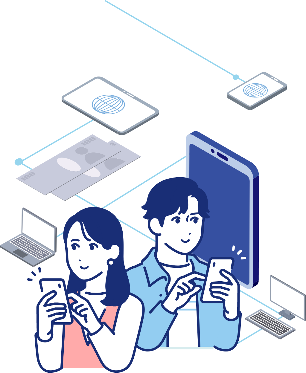携帯で手続きを行なっている男女のイラスト