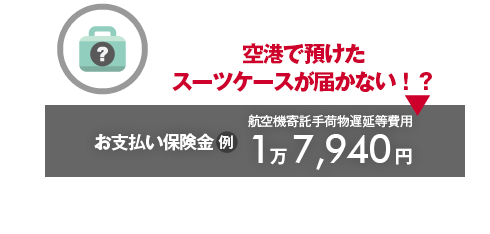 空港で預けたスーツケースが届かない！？→お支払い保険金（例）航空機寄託手荷物遅延等費用1万7,940円