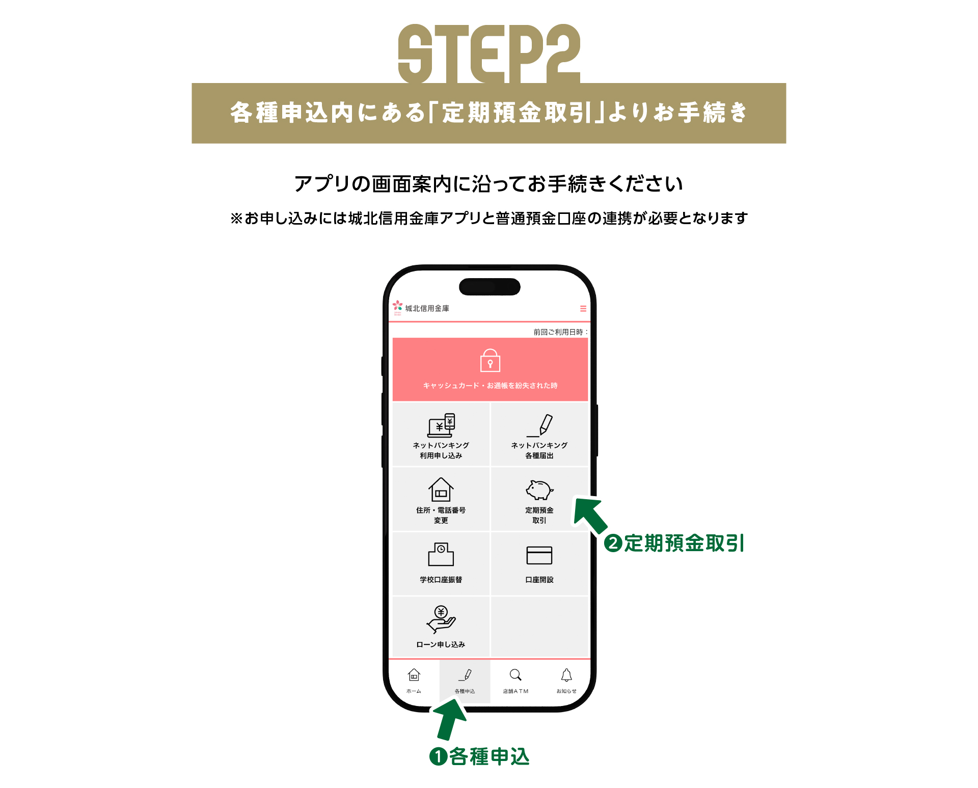 STEP２各種申込内にある「定期預金取引」よりお手続きアプリの画面案内に沿ってお手続きください※お申し込みには城北信用金庫アプリと普通預金口座の連携が必要となります