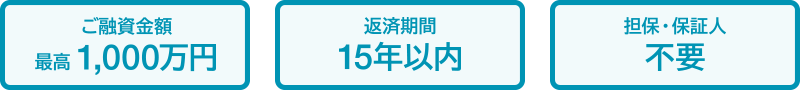 ご融資金額最高1,000万円、返済期間10年以内、担保・保証人不要