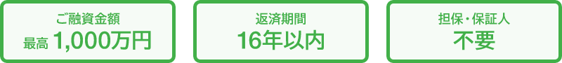 ご融資金額最高1,000万円、返済期間16年以内、担保・保証人不要