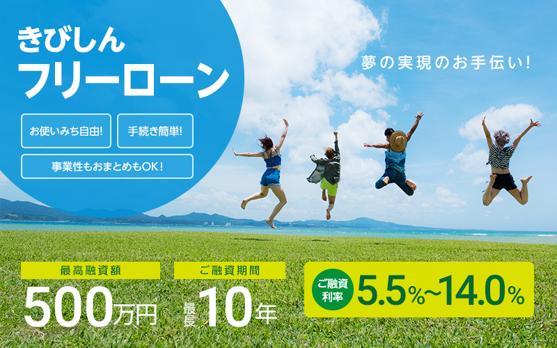 きびしんフリーローン　夢の実現のお手伝い!　最高融資額500万円　ご融資期間最長10年　ご融資利率5.5%〜14.0%