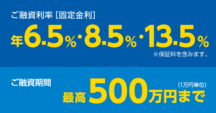 ご融資利率［固定金利］年6.5%・8.5%・13.5% ※保証料を含みます。ご融資期間 最高500万円まで（1万円単位）
