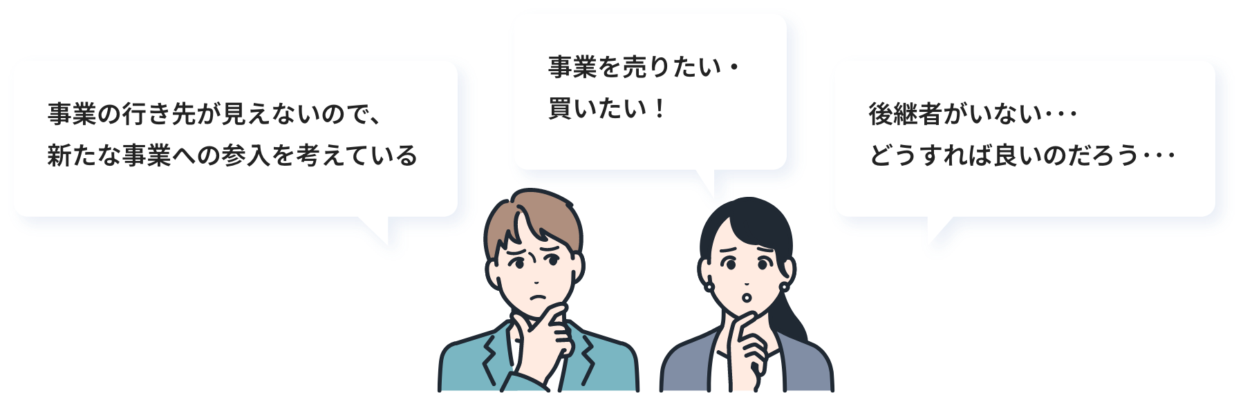 事業の行き先が見えないので、新たな事業への参入を考えている 事業を売りたい・買いたい！ 後継者がいない･･･どうすれば良いのだろう･･･