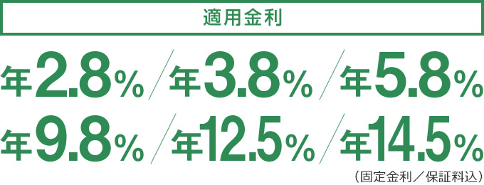 適用金利　固定金利（保証料込）　年2.8％／年3.8％／年5.8％／年9.8％／年12.5％／年14.5％