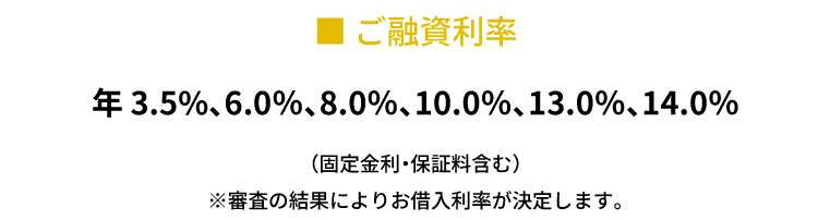 ご融資利率　年3.5％、6.0％、8.0％、10.0％、13.0％、14.0％