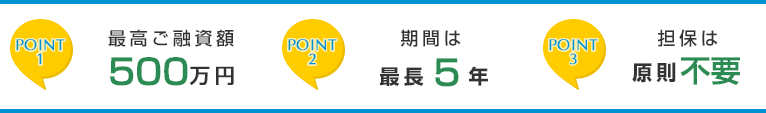 ポイント1　固定金利0.90％　ポイント2　最高ご融資額500万円 ポイント3 担保は原則不要