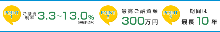 ポイント1　ご融資利率3.3～13.0％（保証料込み）　ポイント2　最高ご融資額300万円　ポイント3　期間最長10年