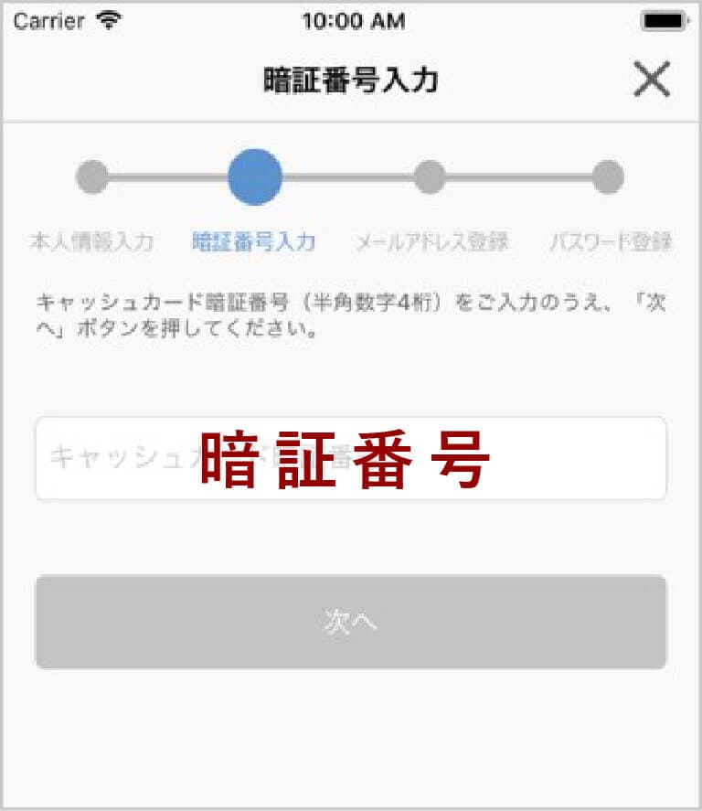 キャッシュカードの暗証番号を入力しメールアドレスを登録