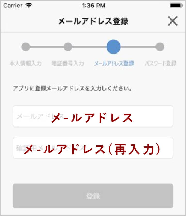 キャッシュカードの暗証番号を入力しメールアドレスを登録