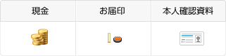 イメージ：現金、お届け印、本人確認資料