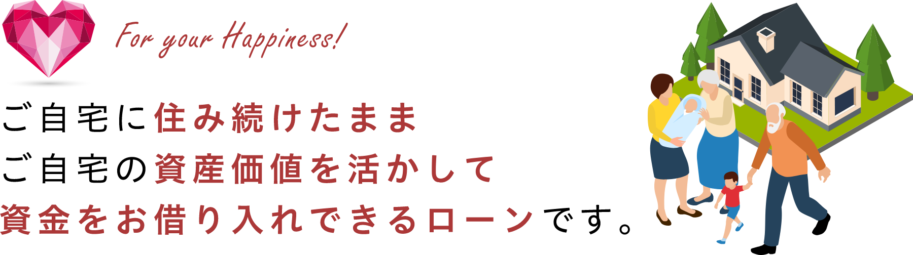 ご自宅に住み続けたままご自宅の資産価値を活かして資金をお借り入れできるローンです。