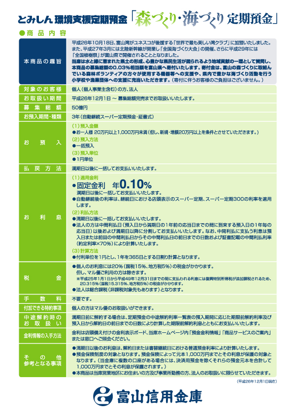 環境支援定期預金「森づくり・海づくり定期預金」裏面　