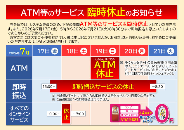 ＡＴＭ等サービス臨時休止
