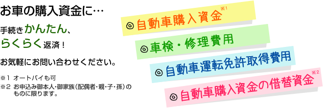 お車の購入資金に… 手続きかんたん、らくらく返済！お気軽にお問い合わせください。※お申込み本人のものに限ります