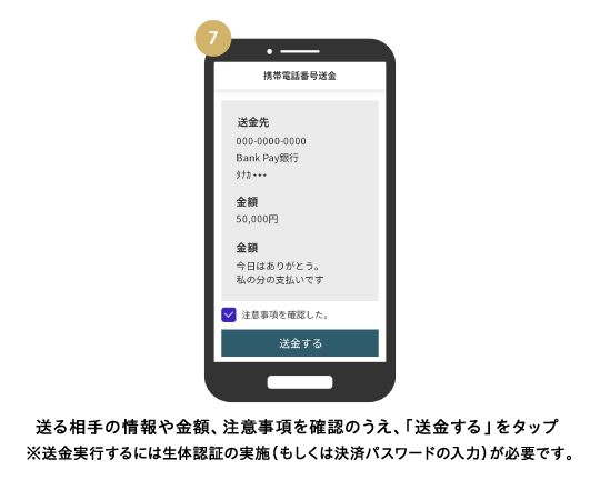 送る相手の情報や金額、注意事項を確認のうえ、「送金する」をタップ